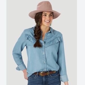 *50% Off for 24 Hours* Wrangler Ruffle Yoke Chambray Snap Shirt